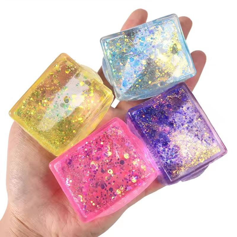 Sparkling Glitter Cube Squishy Toy, Soft TPR Gel Squeeze Stress Ball, Cute Desk Decor for Office, Classroom & Travel