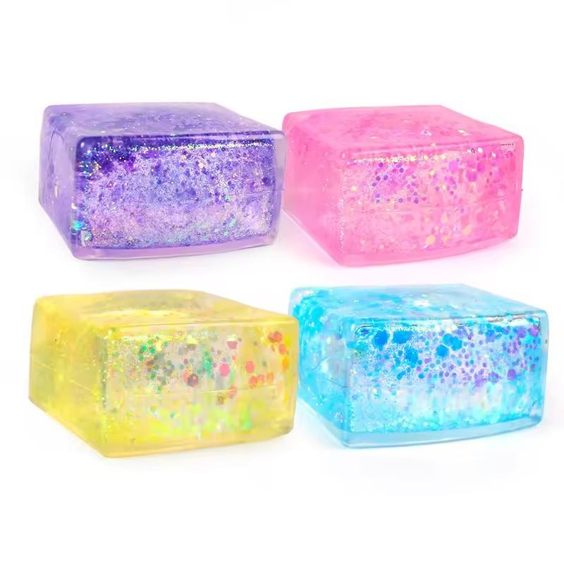 Sparkling Glitter Cube Squishy Toy, Soft TPR Gel Squeeze Stress Ball, Cute Desk Decor for Office, Classroom & Travel