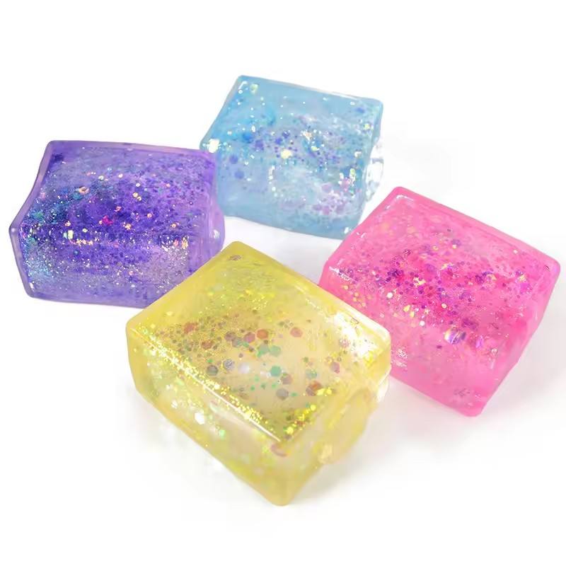 Sparkling Glitter Cube Squishy Toy, Soft TPR Gel Squeeze Stress Ball, Cute Desk Decor for Office, Classroom & Travel