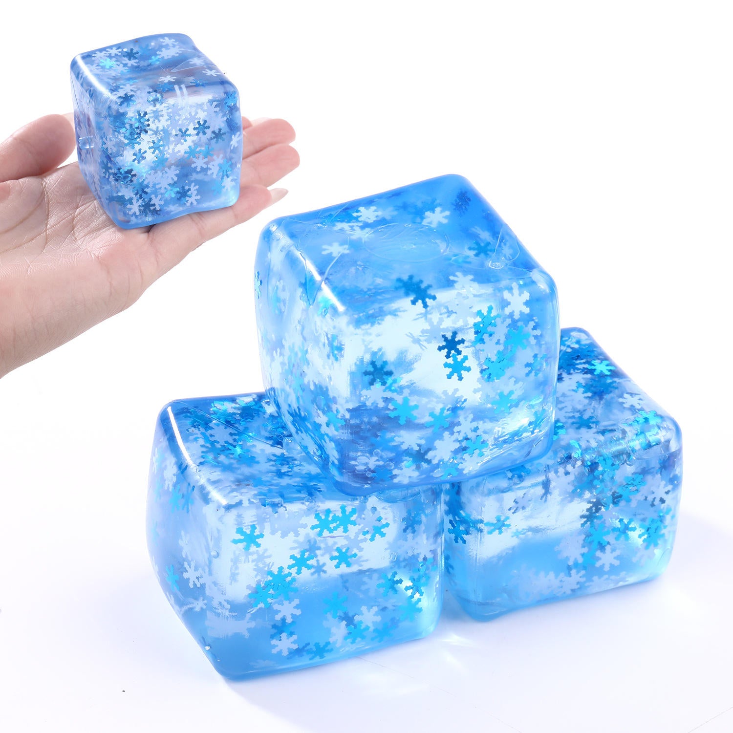 Ice Cube Snowflake Squishy Stress Ball, Blue Transparent Squeeze Fidget Toy with Glitter for Anxiety Relief