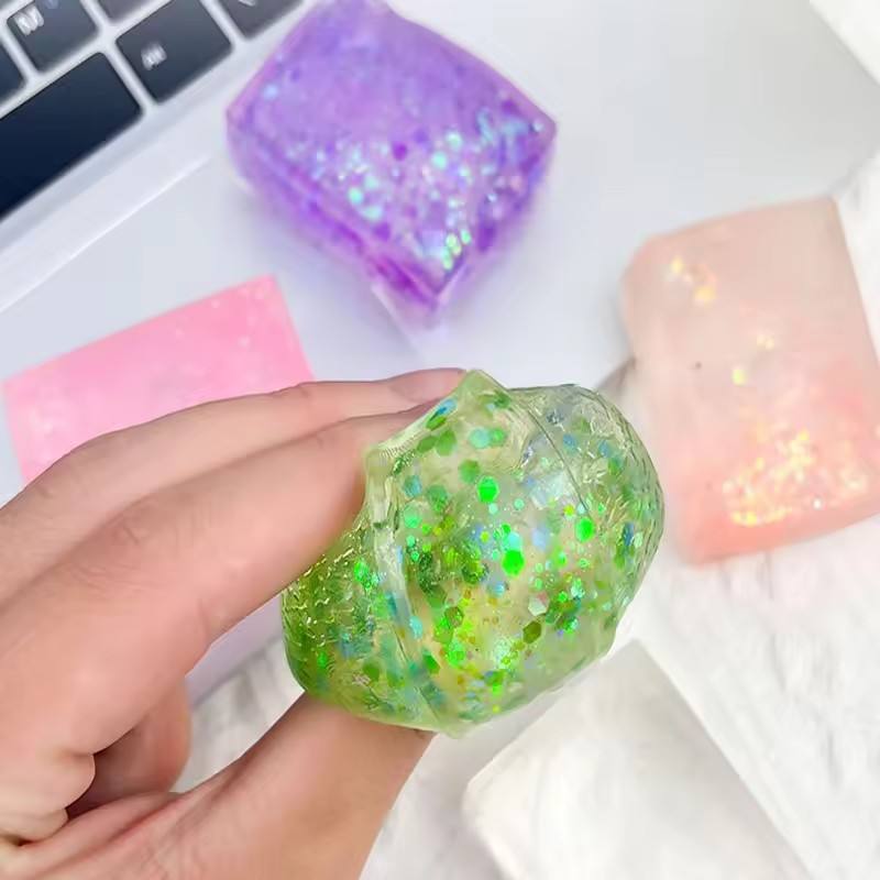 Sparkling Glitter Cube Squishy Toy, Soft TPR Gel Squeeze Stress Ball, Cute Desk Decor for Office, Classroom & Travel