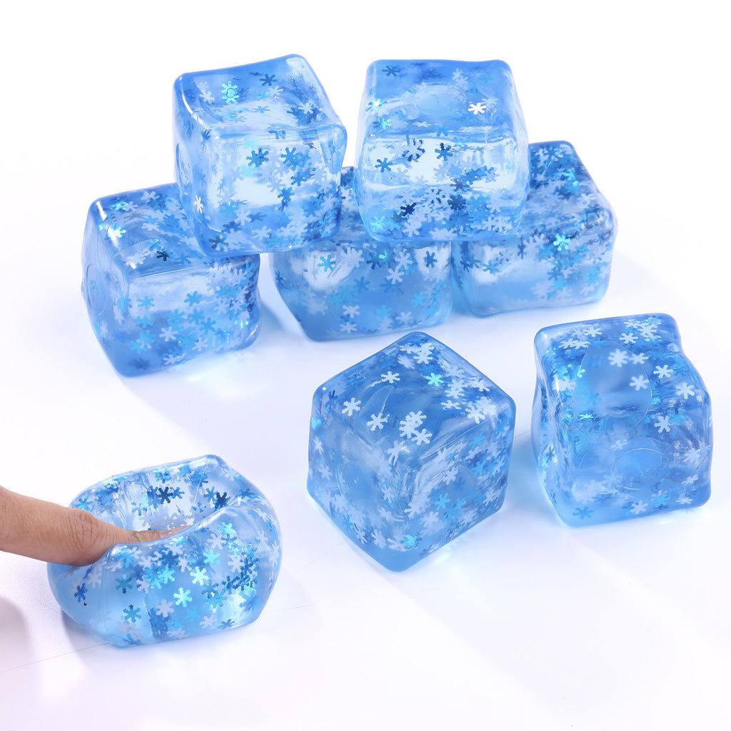 Ice Cube Snowflake Squishy Stress Ball, Blue Transparent Squeeze Fidget Toy with Glitter for Anxiety Relief