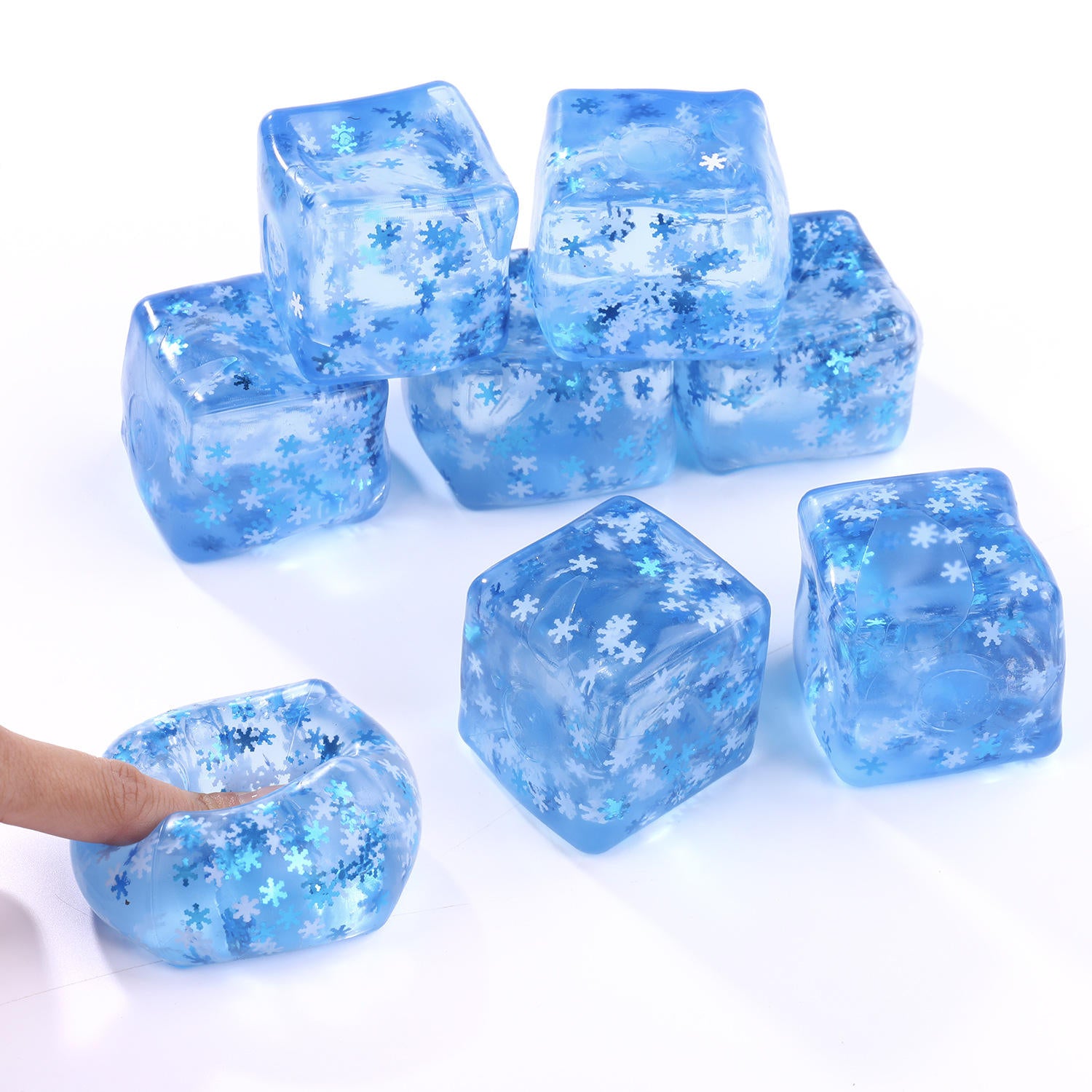 Ice Cube Snowflake Squishy Stress Ball, Blue Transparent Squeeze Fidget Toy with Glitter for Anxiety Relief