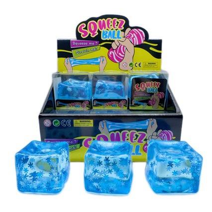 Ice Cube Snowflake Squishy Stress Ball, Blue Transparent Squeeze Fidget Toy with Glitter for Anxiety Relief