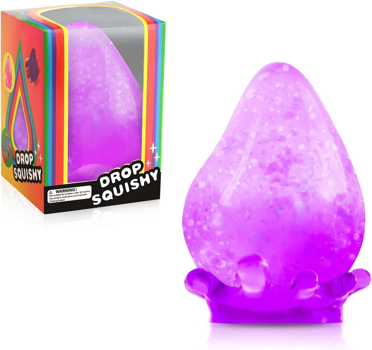 2Pcs Colorful Glitter Water Drop Squishy Set, Squeeze Stress Balls with Sparkles, Fidget Sensory Toys for Kids & Adults