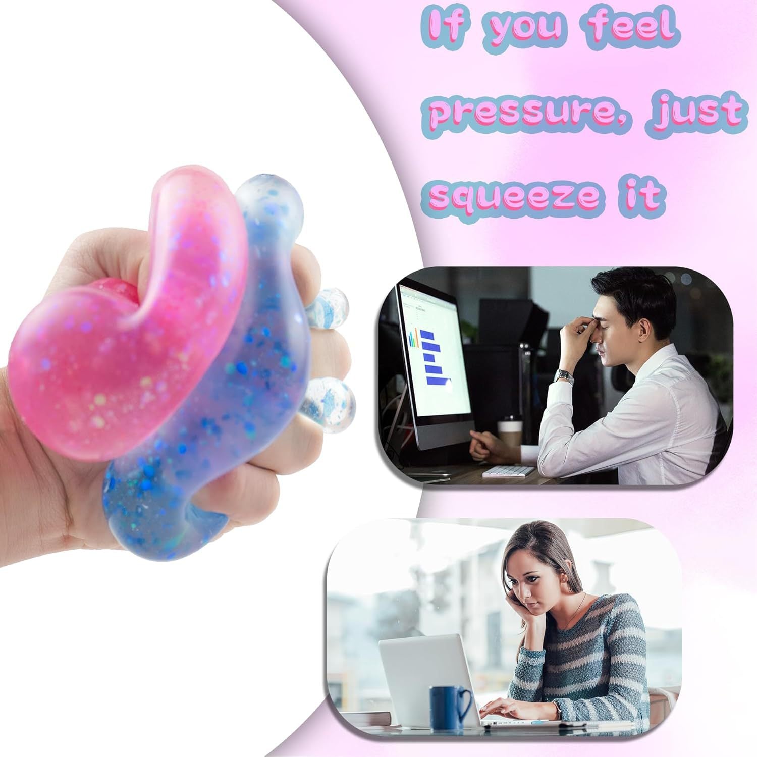 2Pcs Colorful Glitter Water Drop Squishy Set, Squeeze Stress Balls with Sparkles, Fidget Sensory Toys for Kids & Adults