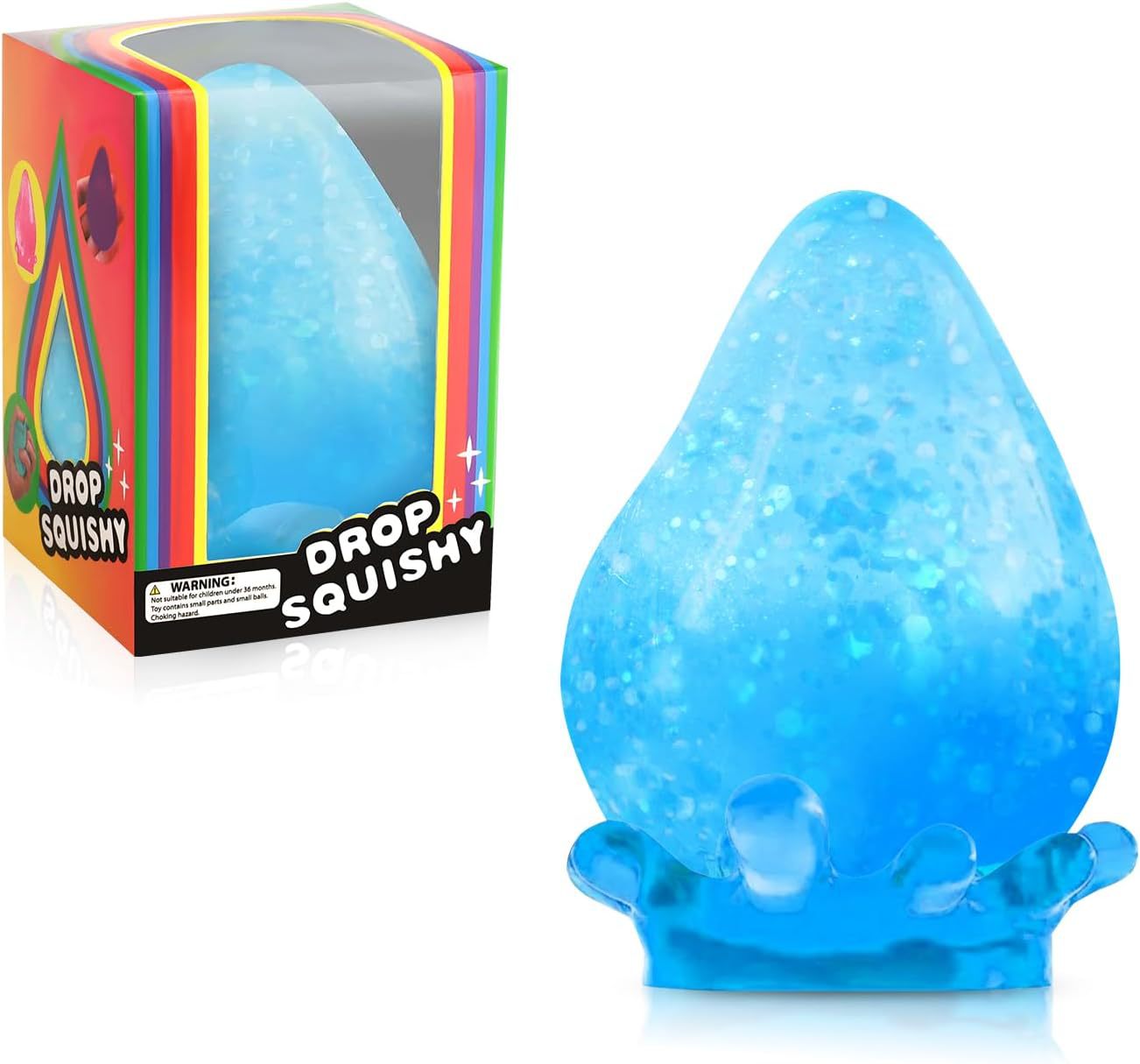 2Pcs Colorful Glitter Water Drop Squishy Set, Squeeze Stress Balls with Sparkles, Fidget Sensory Toys for Kids & Adults