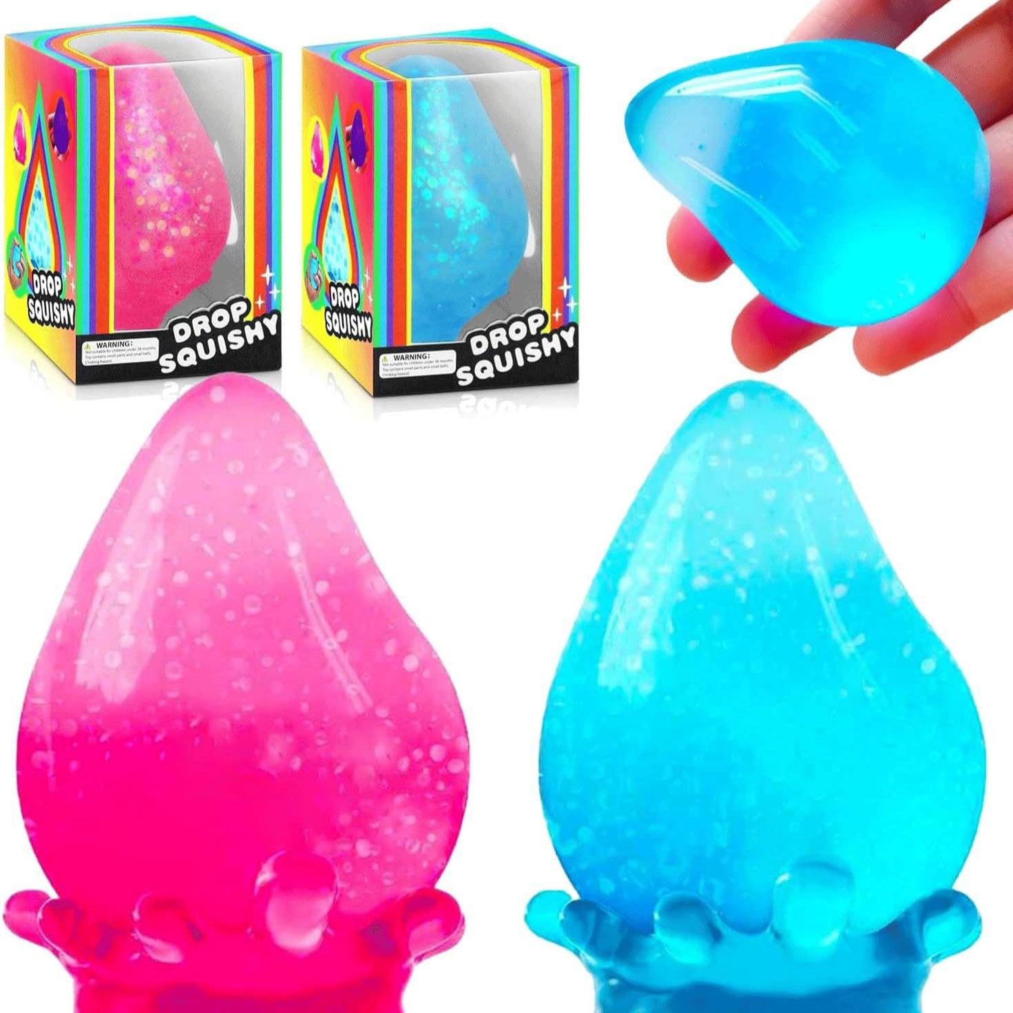 2Pcs Colorful Glitter Water Drop Squishy Set, Squeeze Stress Balls with Sparkles, Fidget Sensory Toys for Kids & Adults